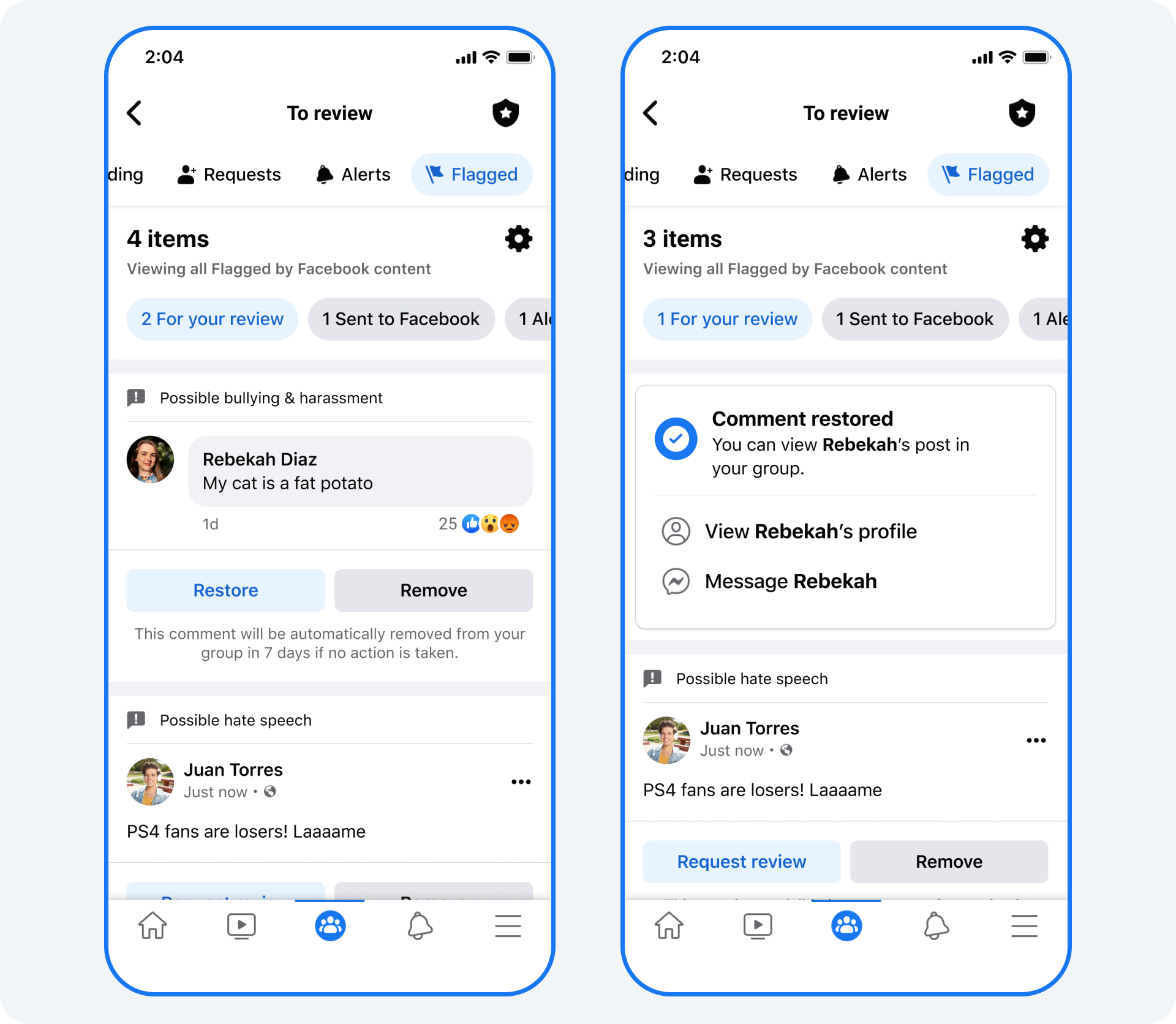 The Flagged By Facebook user interface for a group admin.